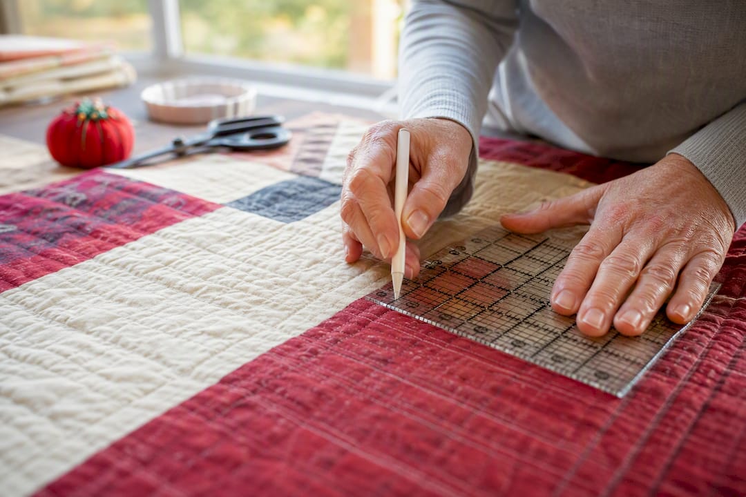 Hands marking straight quilting lines on fabric