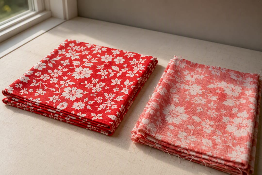 Close-up of premium and budget quilting cotton fabrics