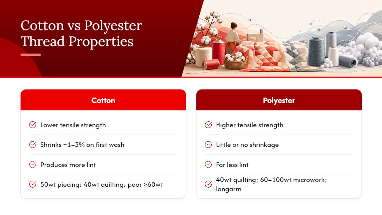 Comparison chart of cotton vs polyester thread properties