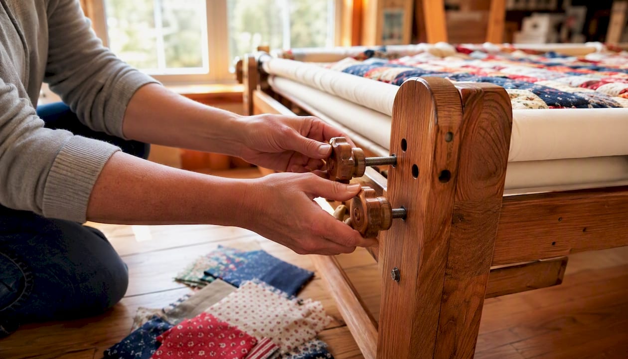 Hands adjusting quilt frame tension clamp
