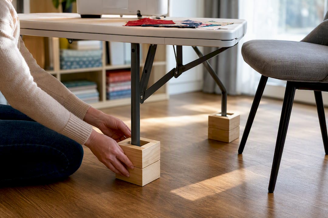 Risers elevating a temporary sewing table