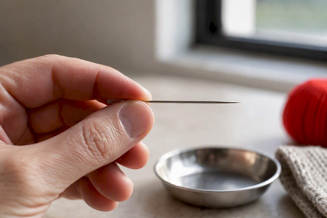 Hand inspecting a bent sewing needle