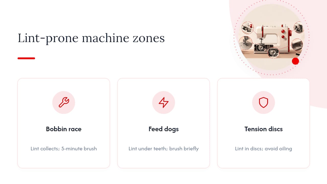 Three sewing machine areas where lint collects