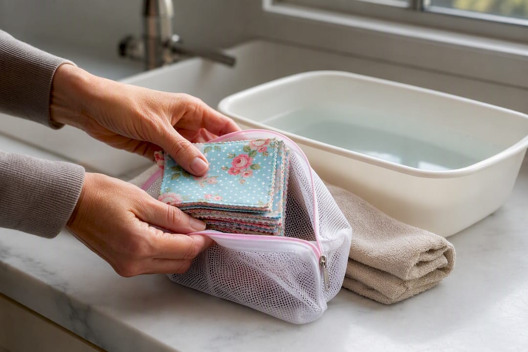 Charm squares prepared for gentle washing