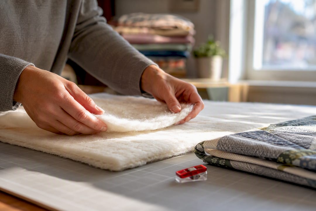 Hands layering cotton and wool quilt batting