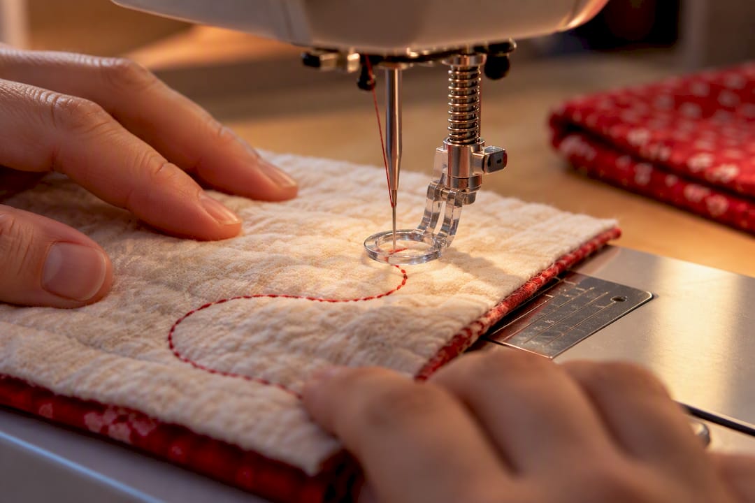 Darning foot guiding free motion stitching