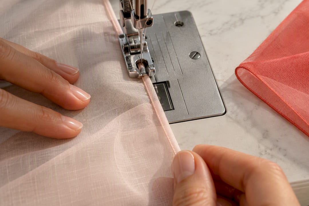 Rolled hem foot curling sheer fabric edge