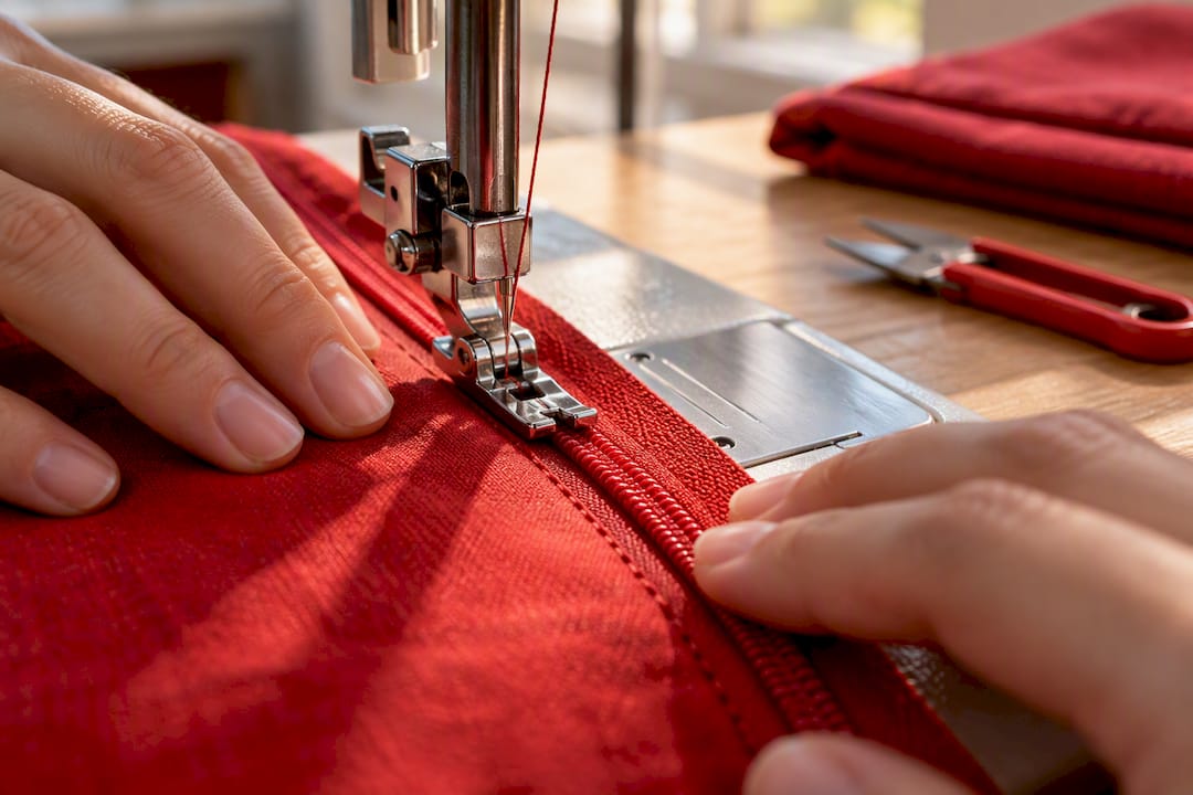 Zipper foot stitching beside zipper teeth