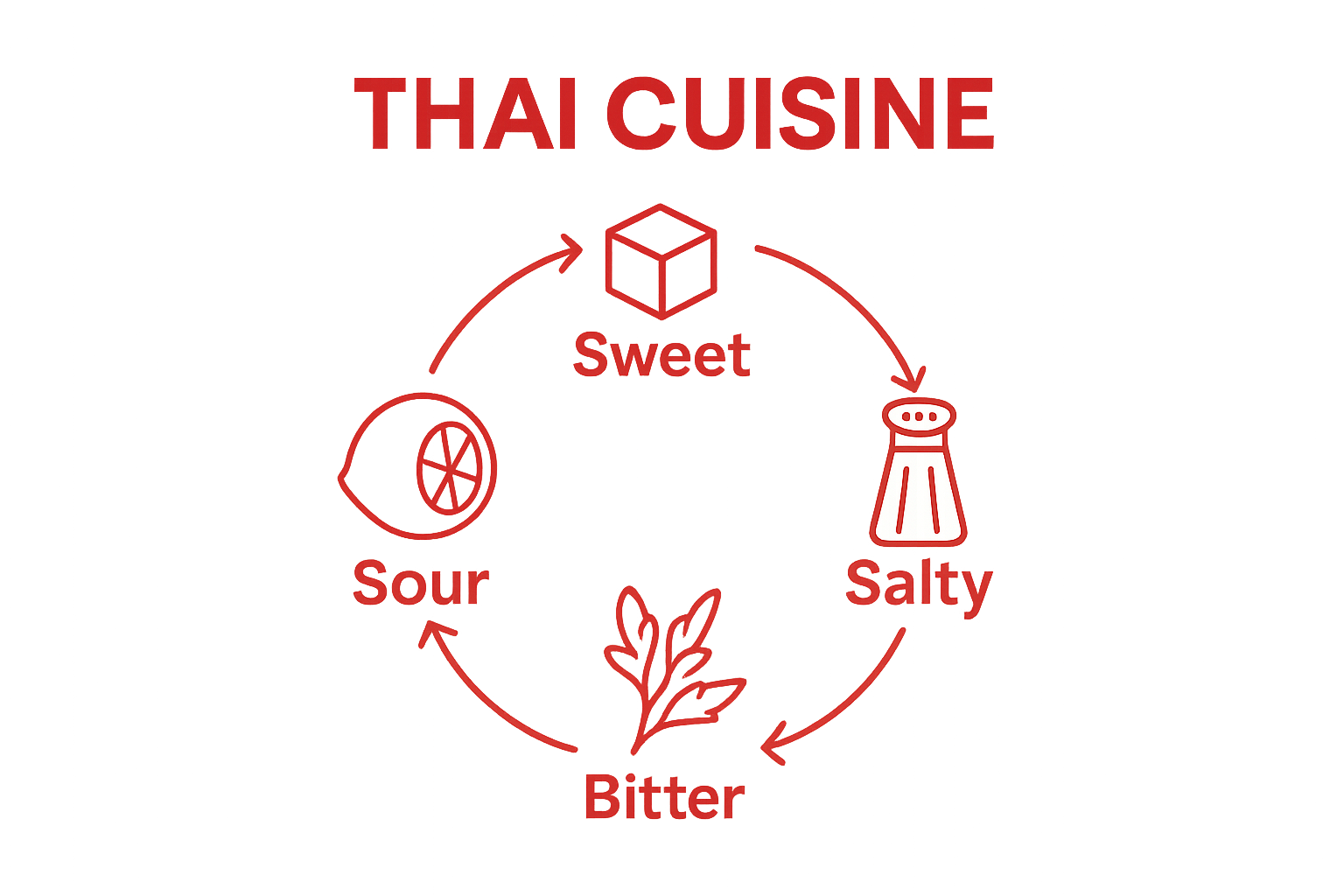 Infographic showing balance of sour, sweet, salty, bitter, and spicy in Thai cuisine