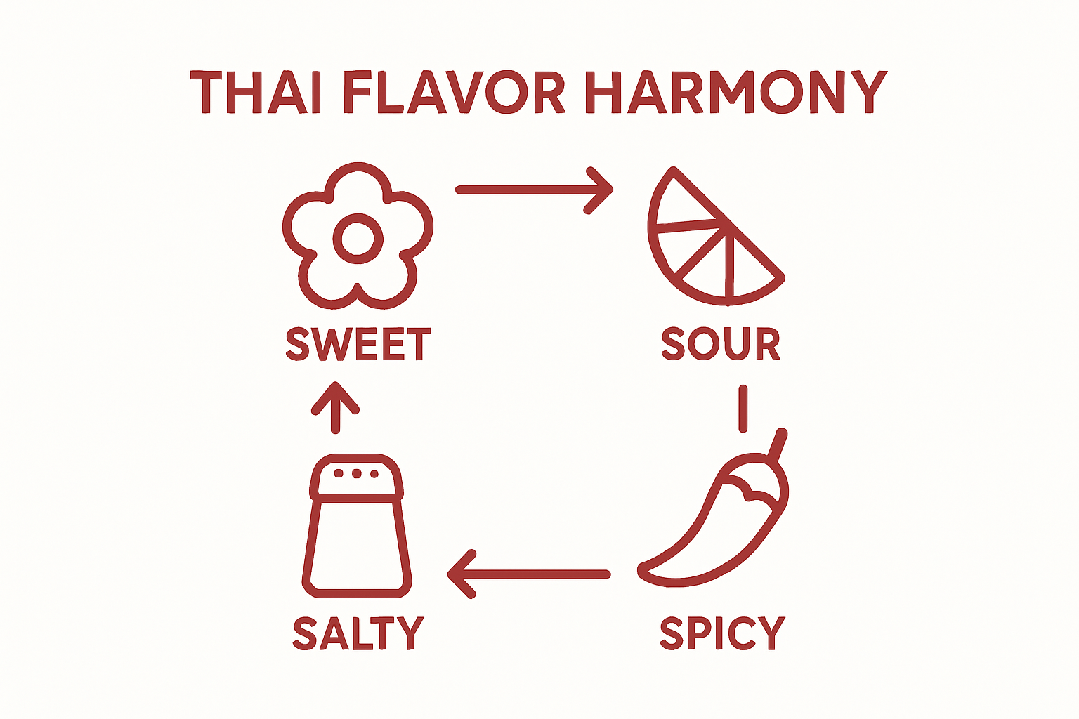 Infographic showing four tastes in Thai cuisine: sweet, sour, salty, spicy