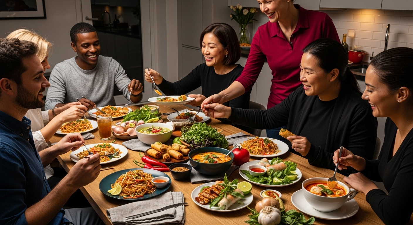Thai dinner party, authentic Thai food, shared meal