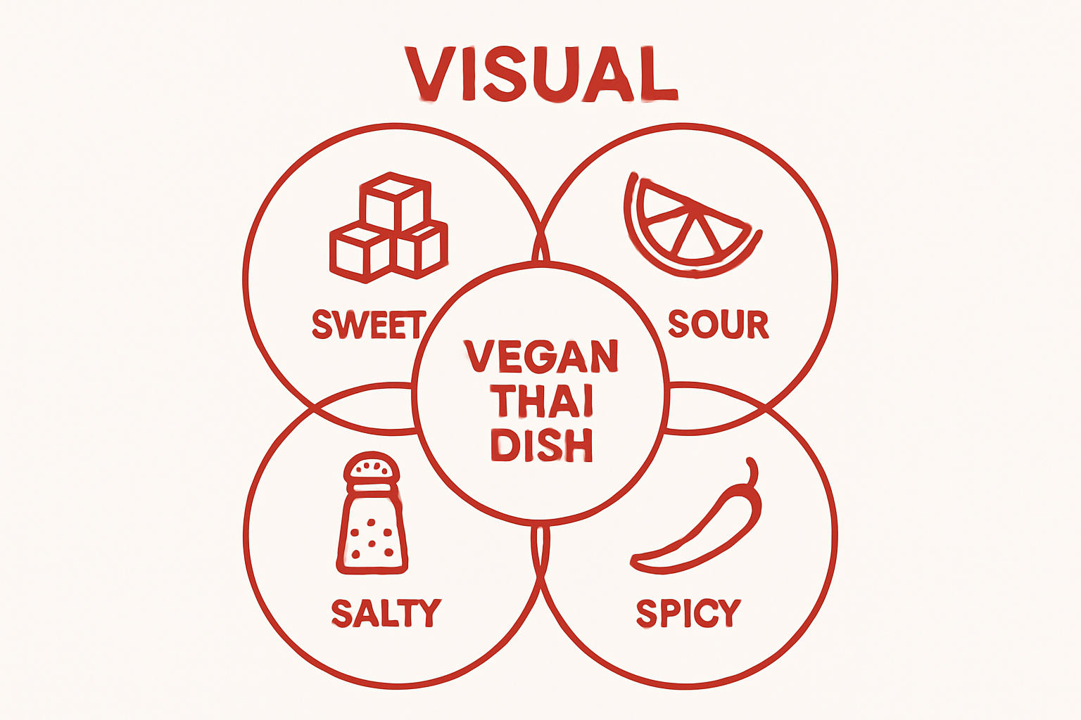 Infographic showing sweet, sour, salty, and spicy flavor balance in vegan Thai dishes