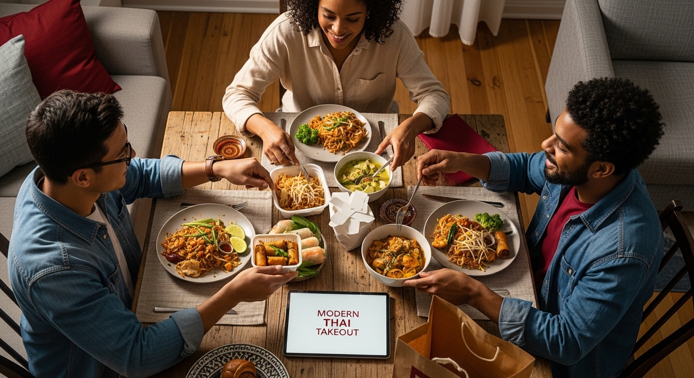 friends eating thai takeout
