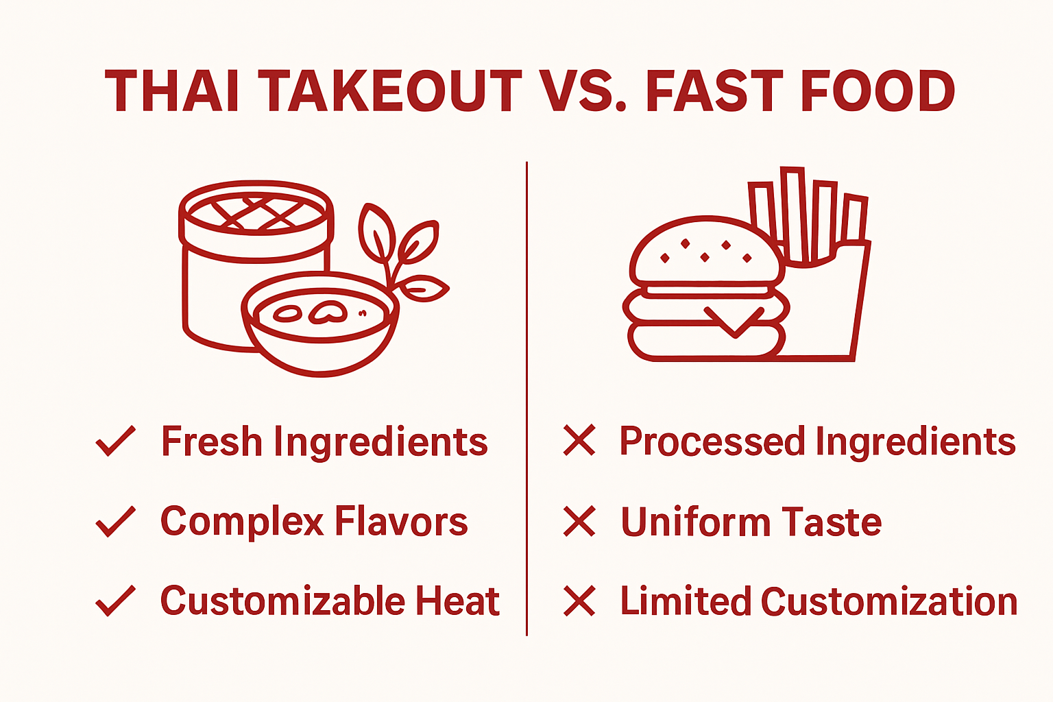 Infographic comparing Thai takeout and standard fast food characteristics.