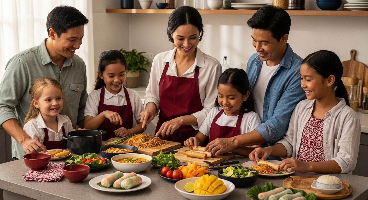 family cooking Thai food