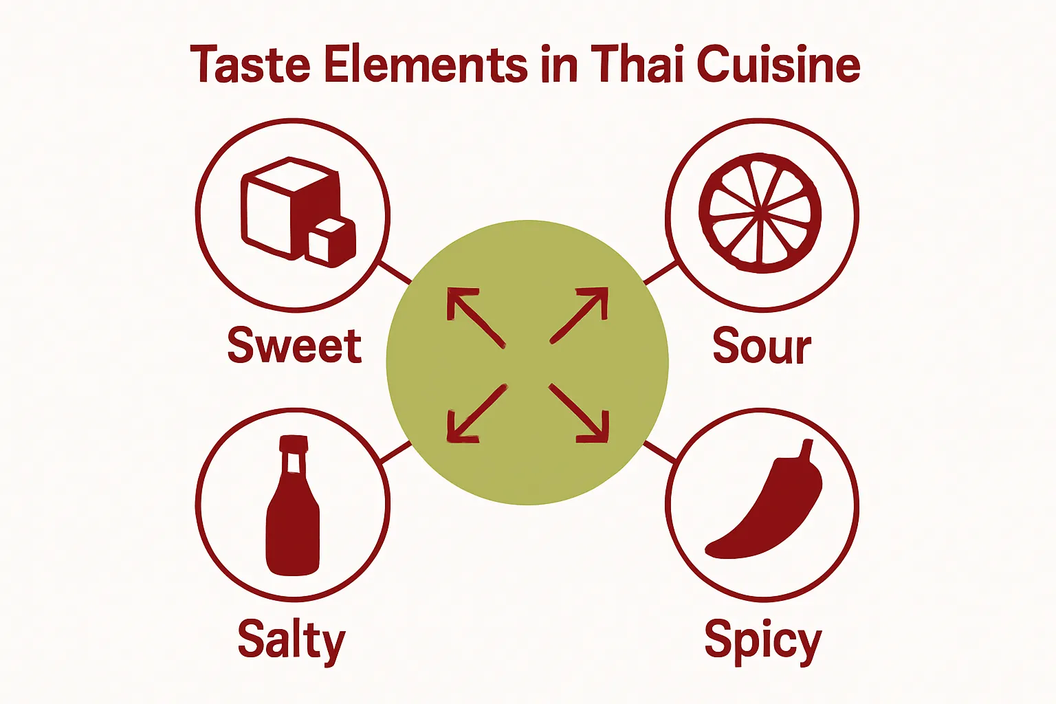 Infographic showing balanced sweet, sour, salty, spicy in Thai food