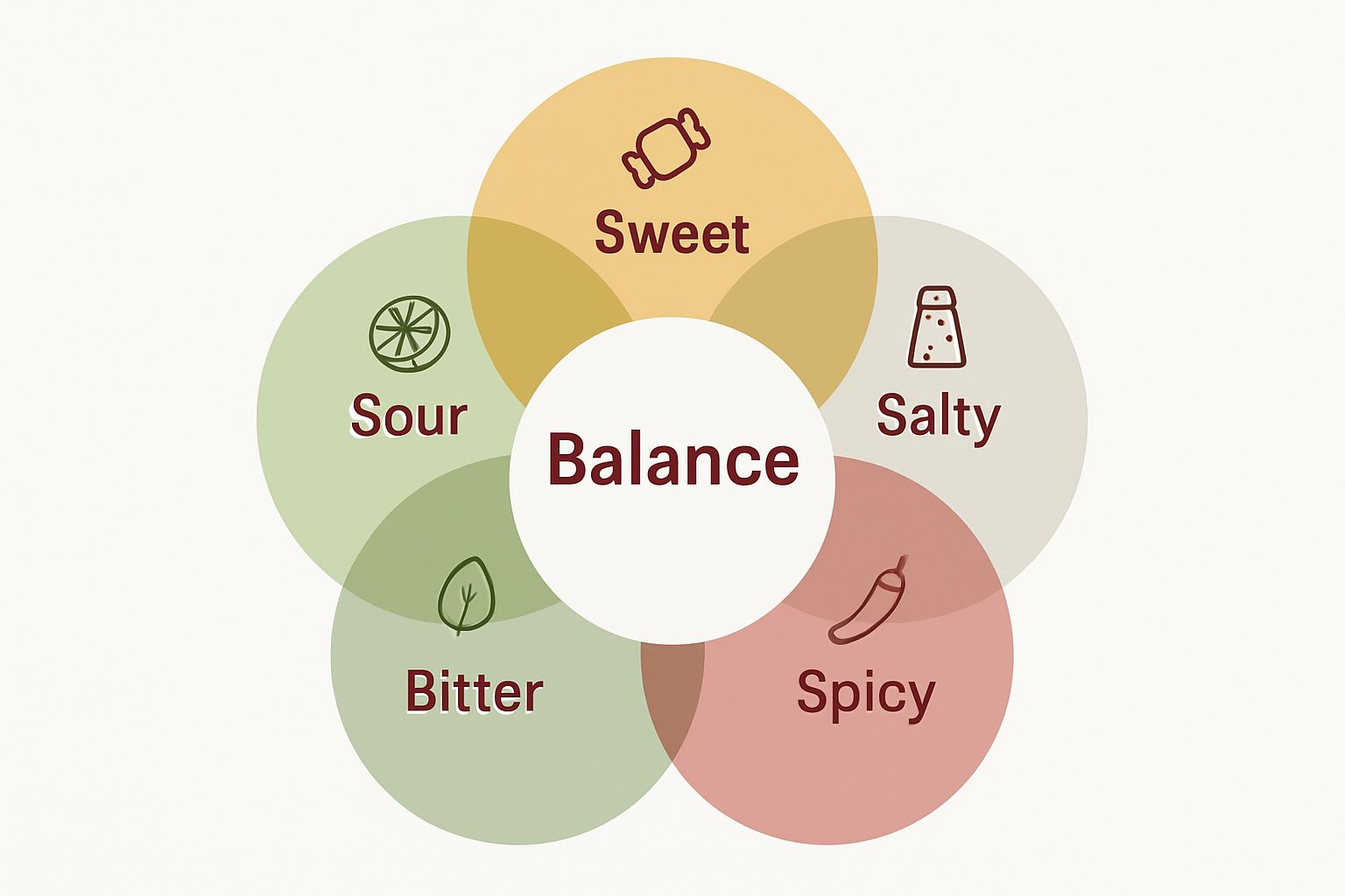 Infographic showing balance of sweet, sour, salty, bitter, and spicy in Thai food
