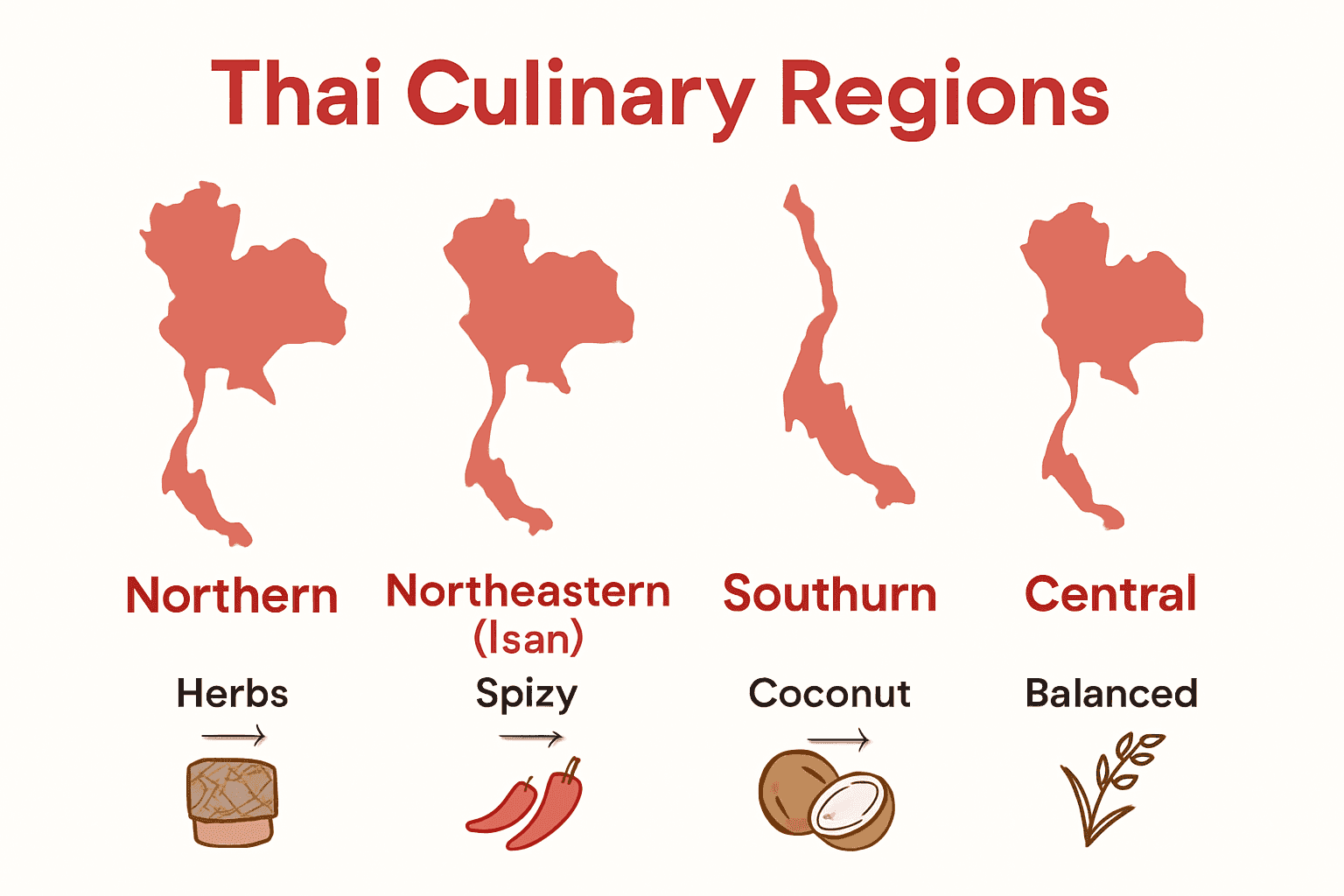 Infographic comparing four Thai cuisine regions by flavor and ingredients