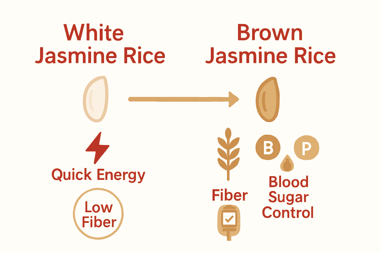 Infographic comparing nutrition of white jasmine rice and brown jasmine rice.