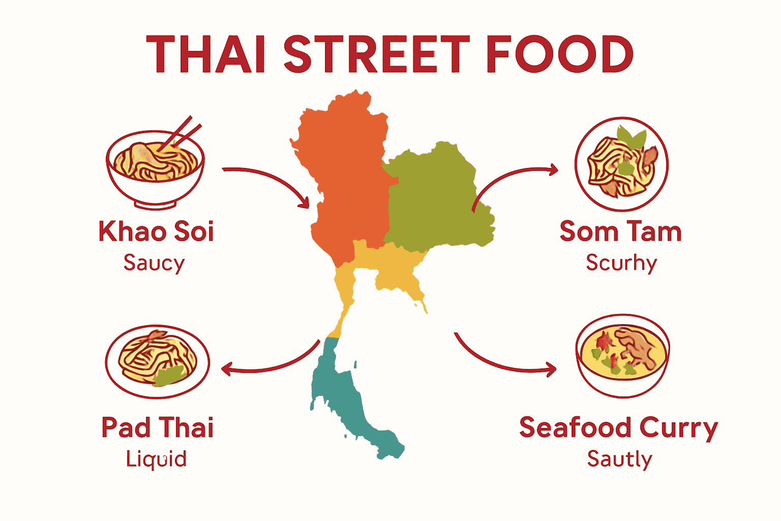 Infographic showing Thailand's four regions and their signature street foods and flavors.