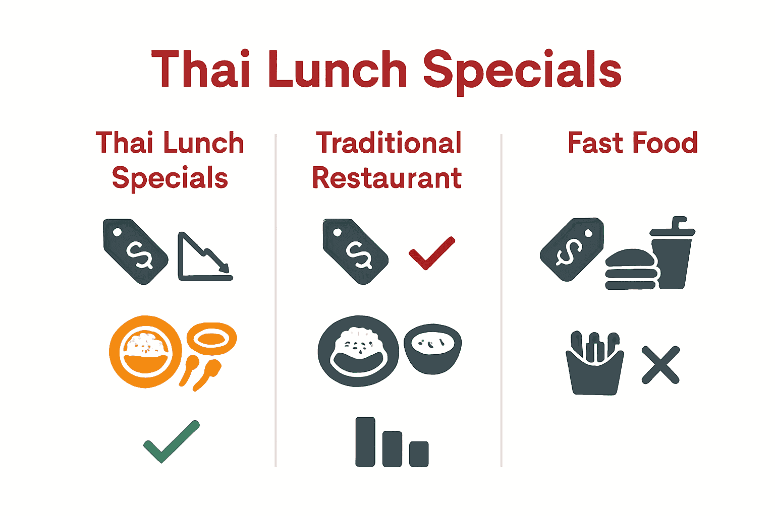 Infographic comparing Thai lunch specials, traditional restaurant, and fast food by value, authenticity, and convenience.