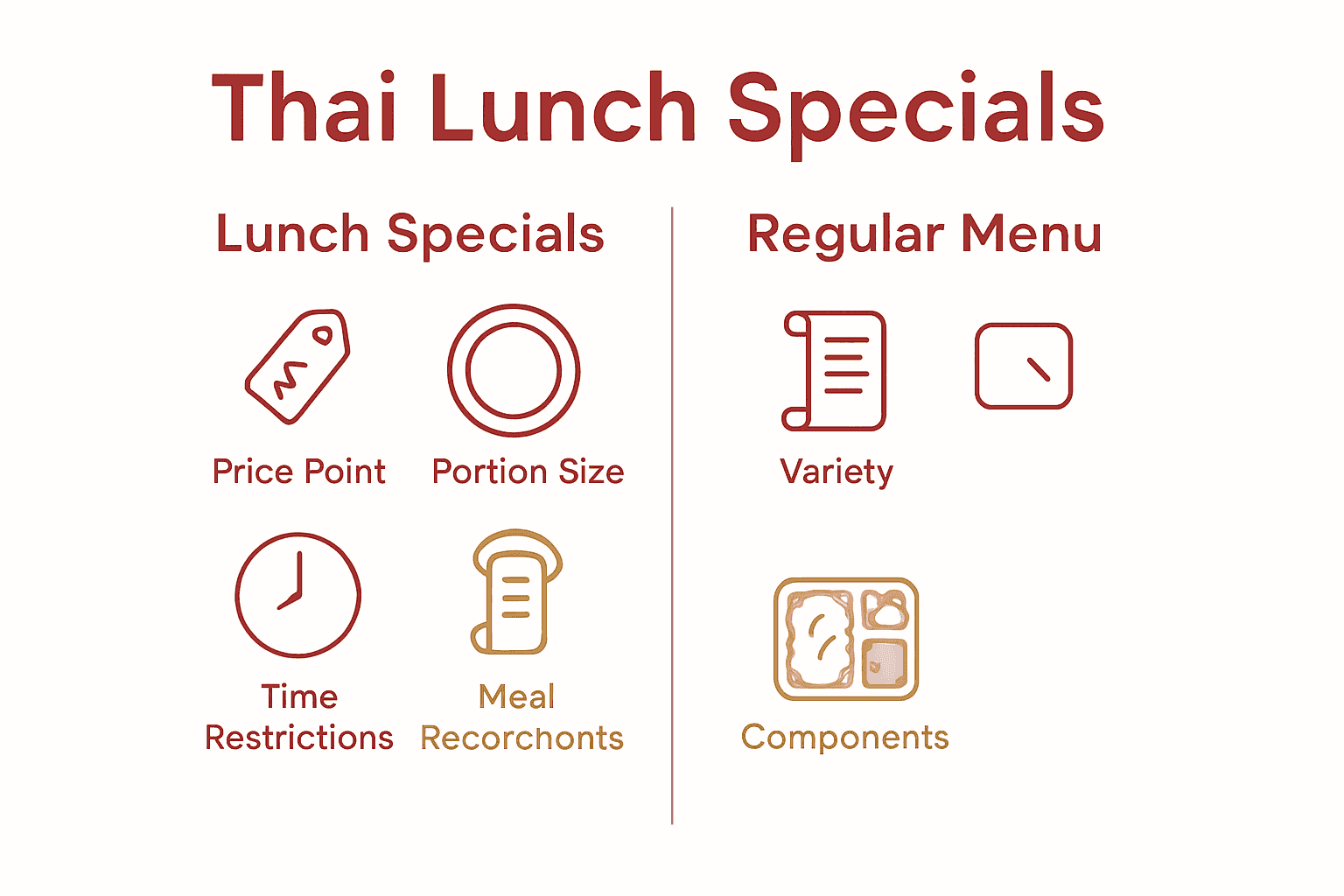 Infographic comparing Thai lunch specials and regular menus with icons showing price, portion, variety, time, and meal components.