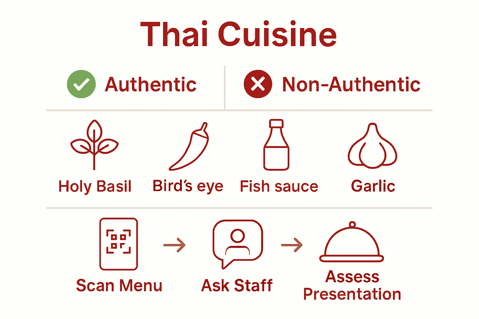 Infographic showing how to identify authentic Thai dishes with icons for key ingredients and process steps.