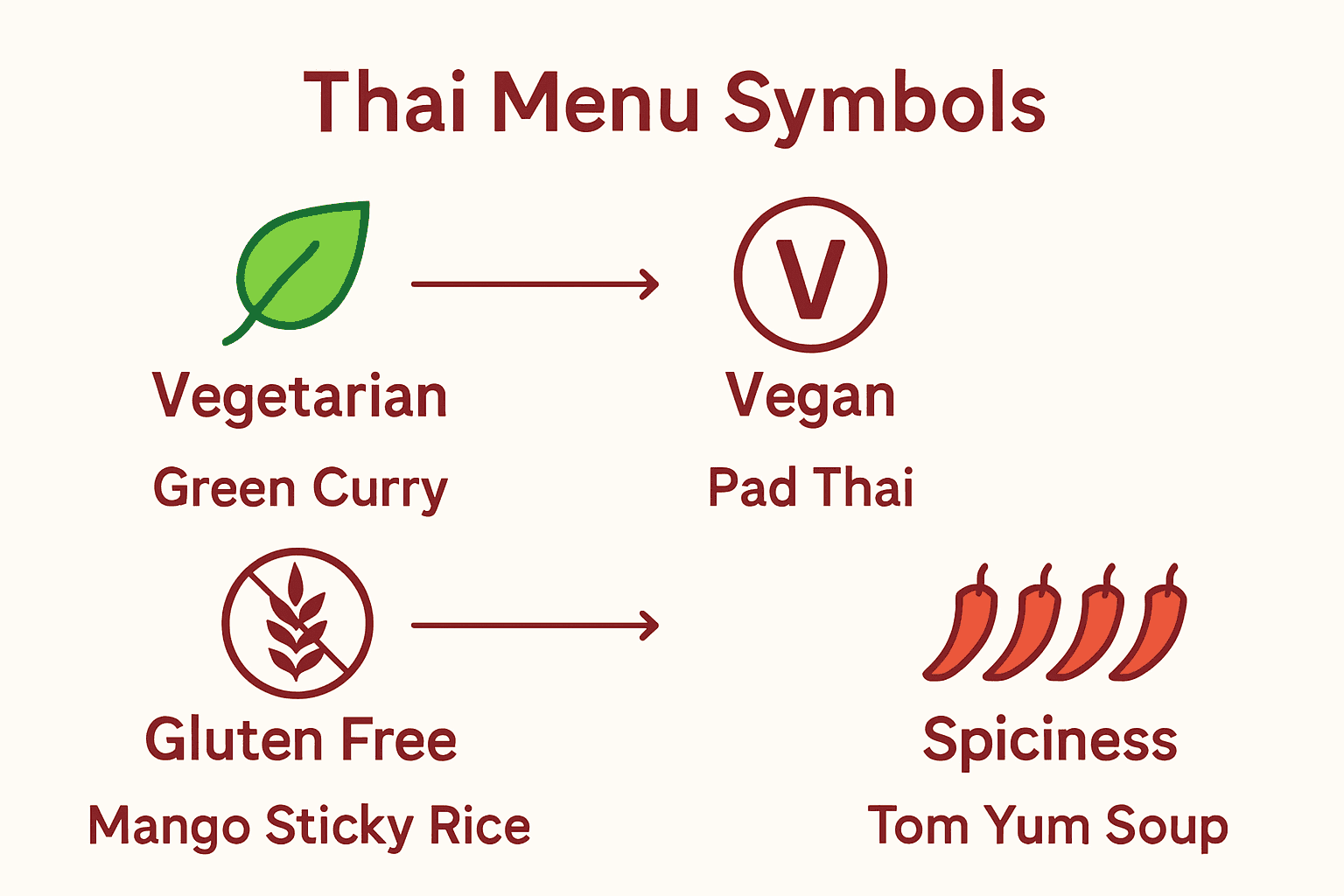Infographic explaining common Thai menu symbols for dietary preferences and spice level.