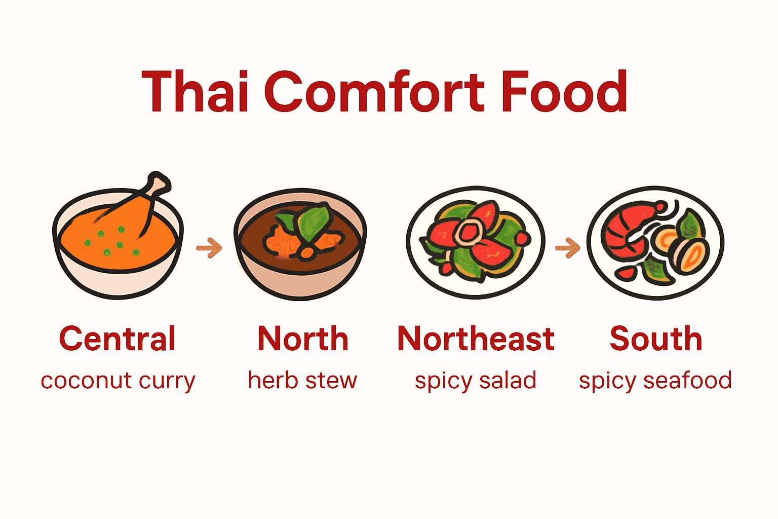 Infographic showing regional Thai comfort food dishes with icons and labels.