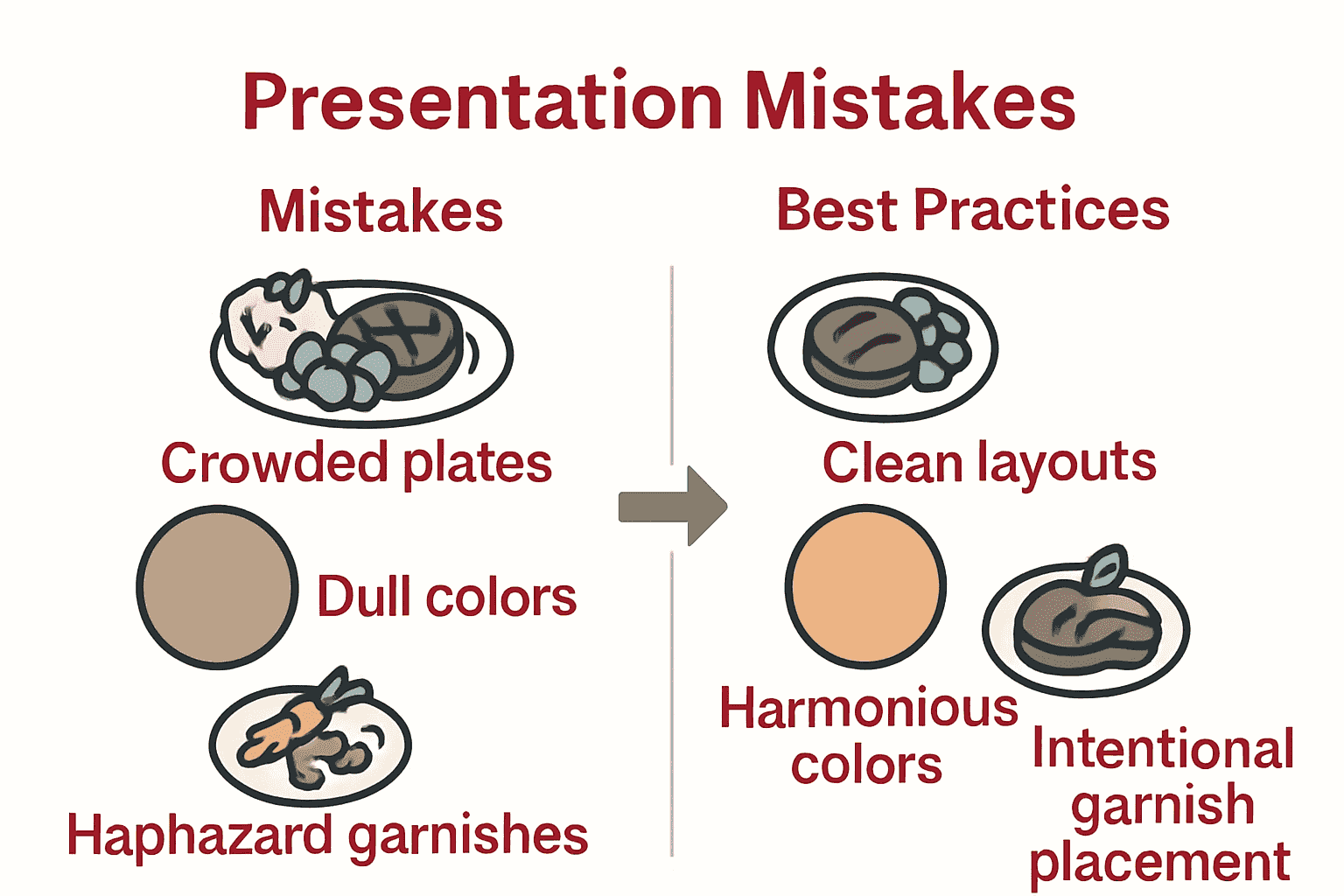 Comparison infographic showing food presentation mistakes and best practices.