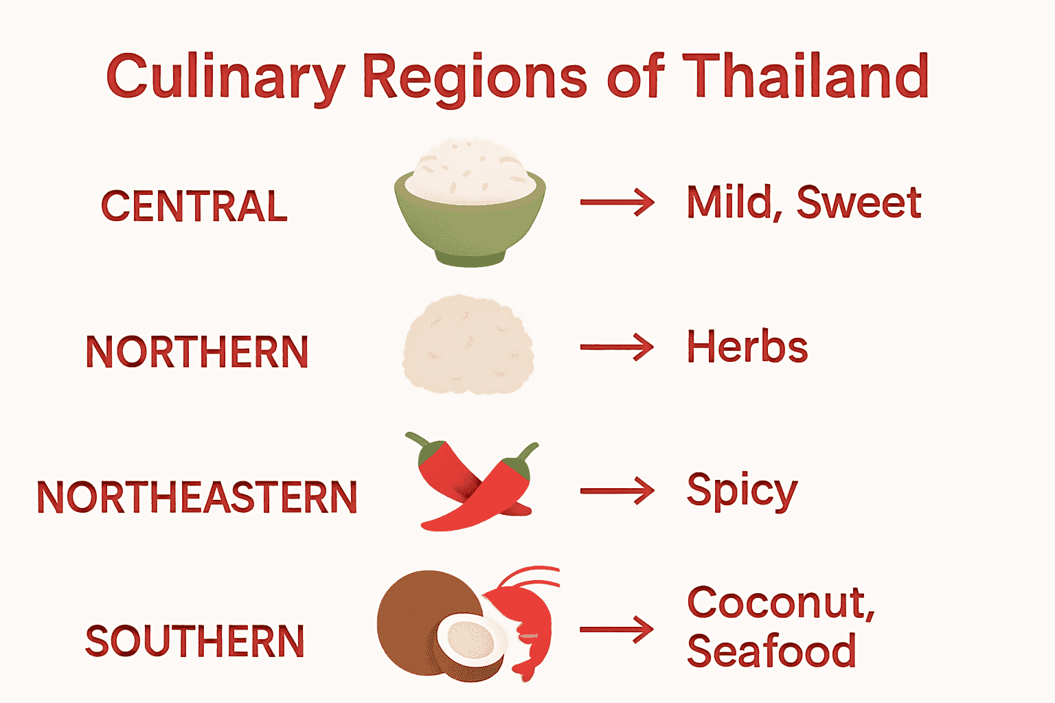 Thai cuisine regional varieties infographic with icons for dishes and key flavors.