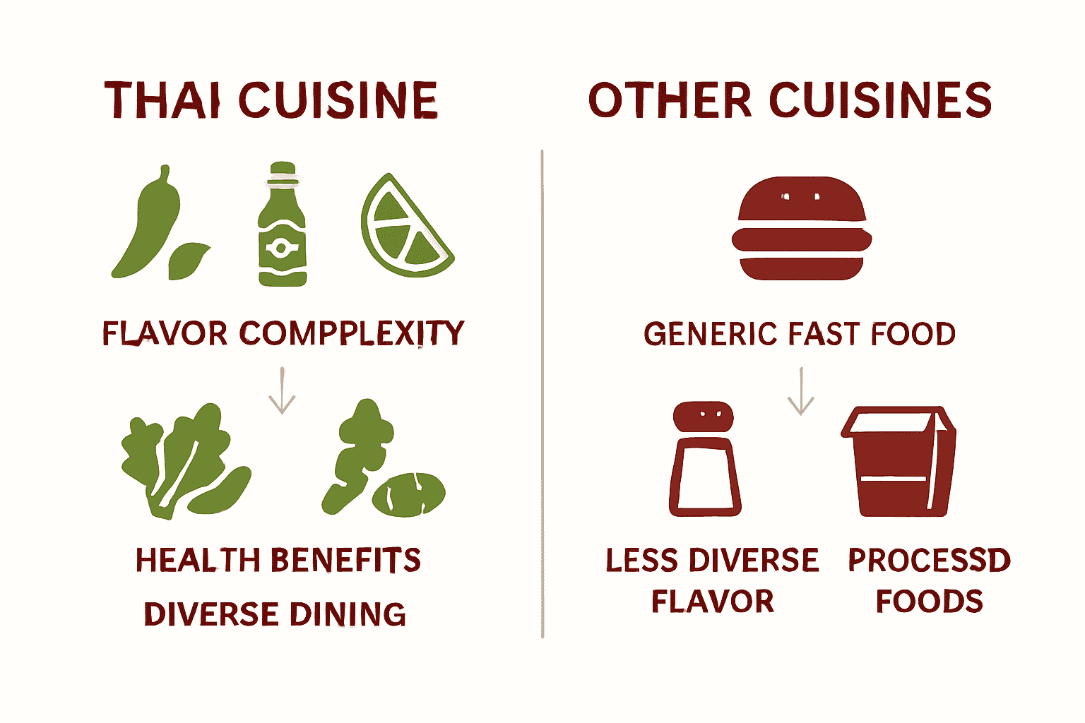 Infographic comparing Thai cuisine to other dining options by flavors and health benefits.