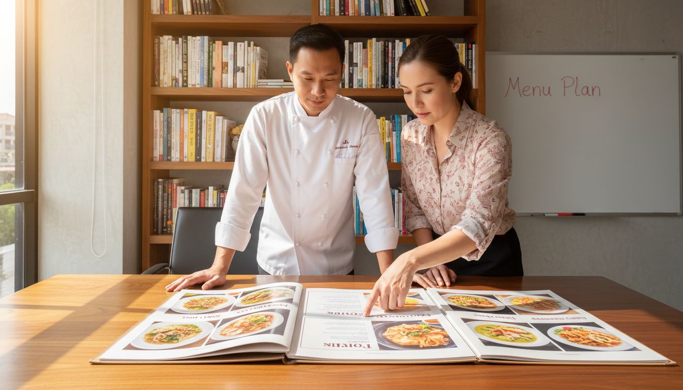 Chef and planner selecting Thai restaurant menu