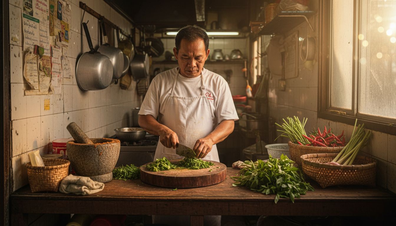 Thai chef chopping herbs in rustic kitchen