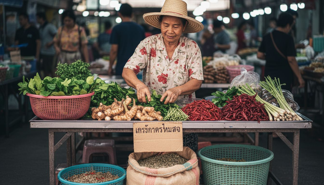 Vendor arranging Thai spices and herbs