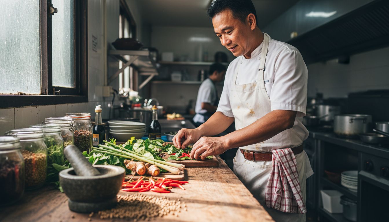 Thai chef arranging fresh spices on wooden counter