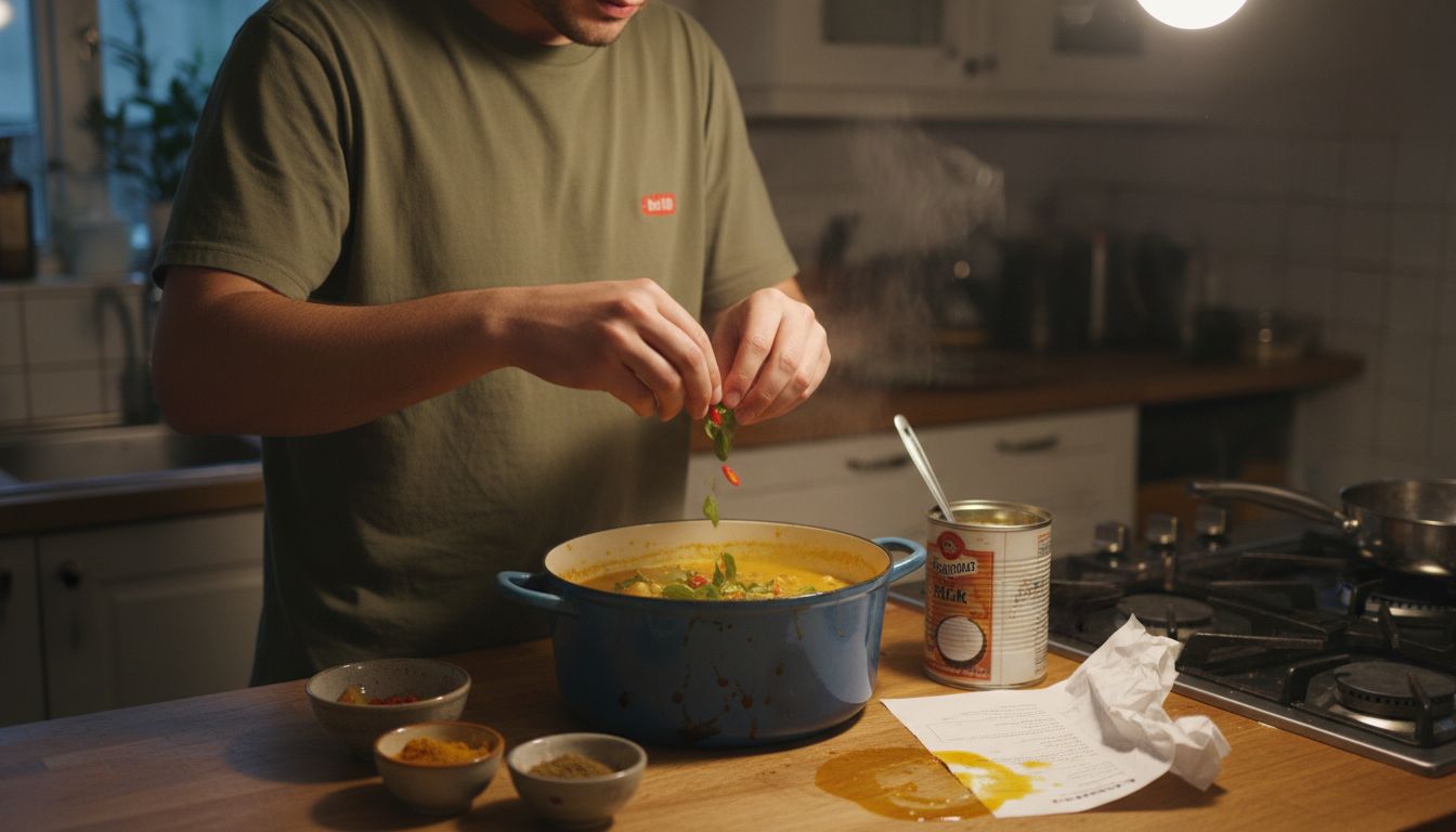 Home cook blending Thai spices in curry