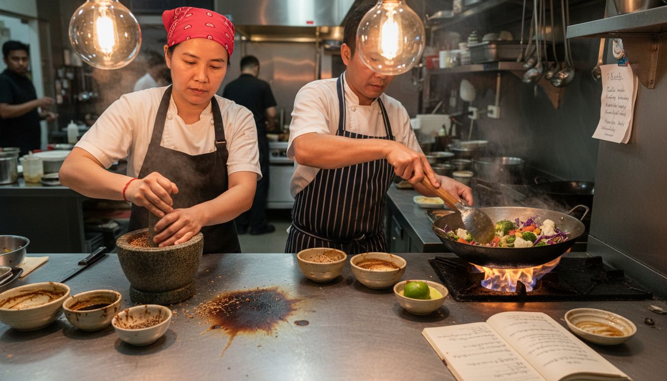 Chefs preparing authentic and fusion Thai cuisine