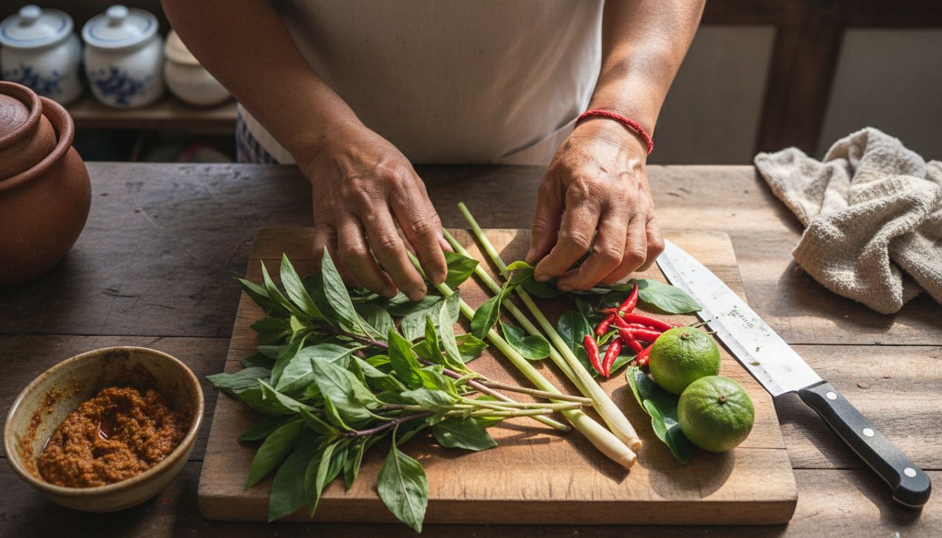 Hands preparing Thai herbs and spices