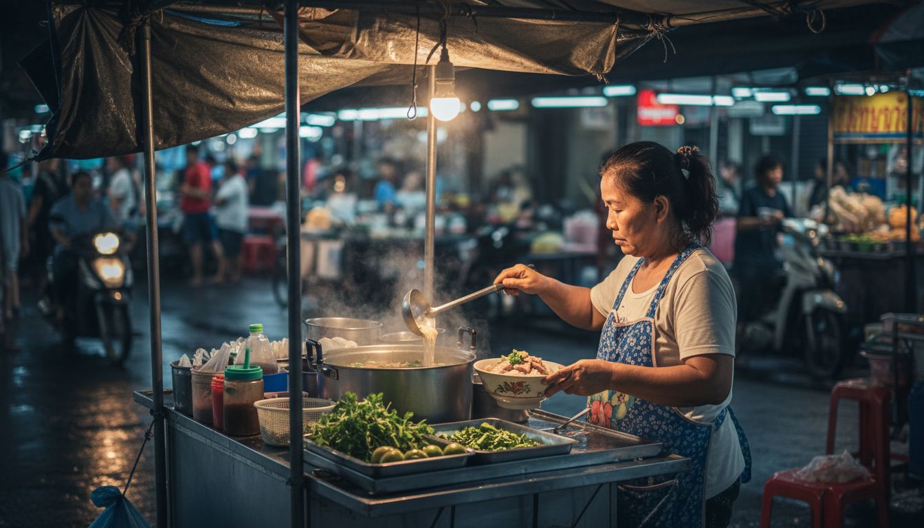 Thai vendor preparing noodles at street market