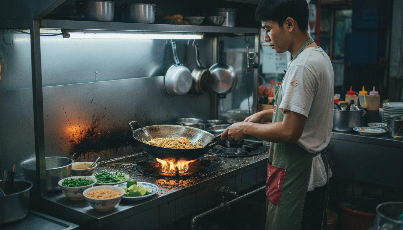 Cook stir-frying Pad Thai in small kitchen