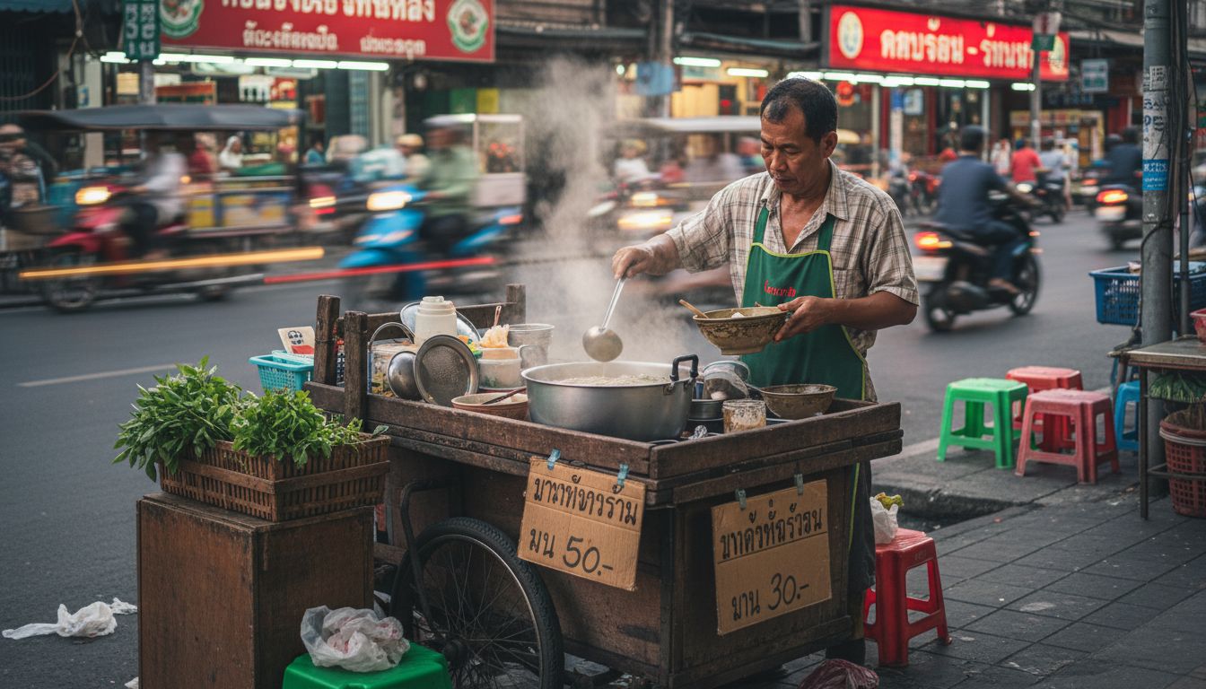 Thai vendor preparing noodles street side