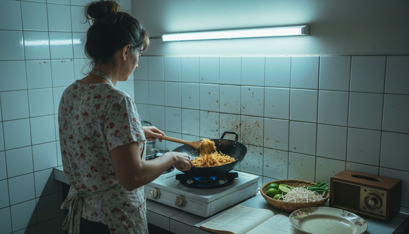 Cooking Pad Thai in a modest kitchen
