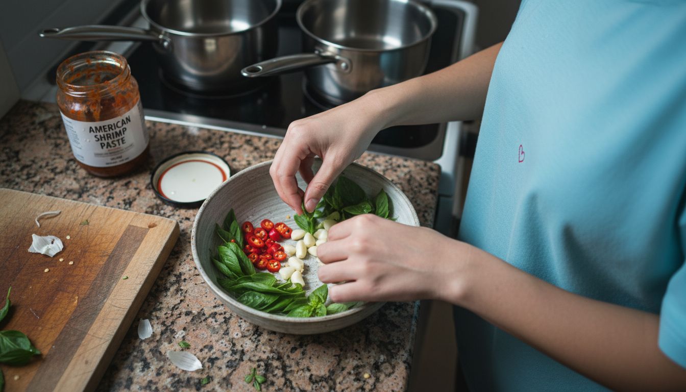 Preparing fresh Thai stir fry ingredients