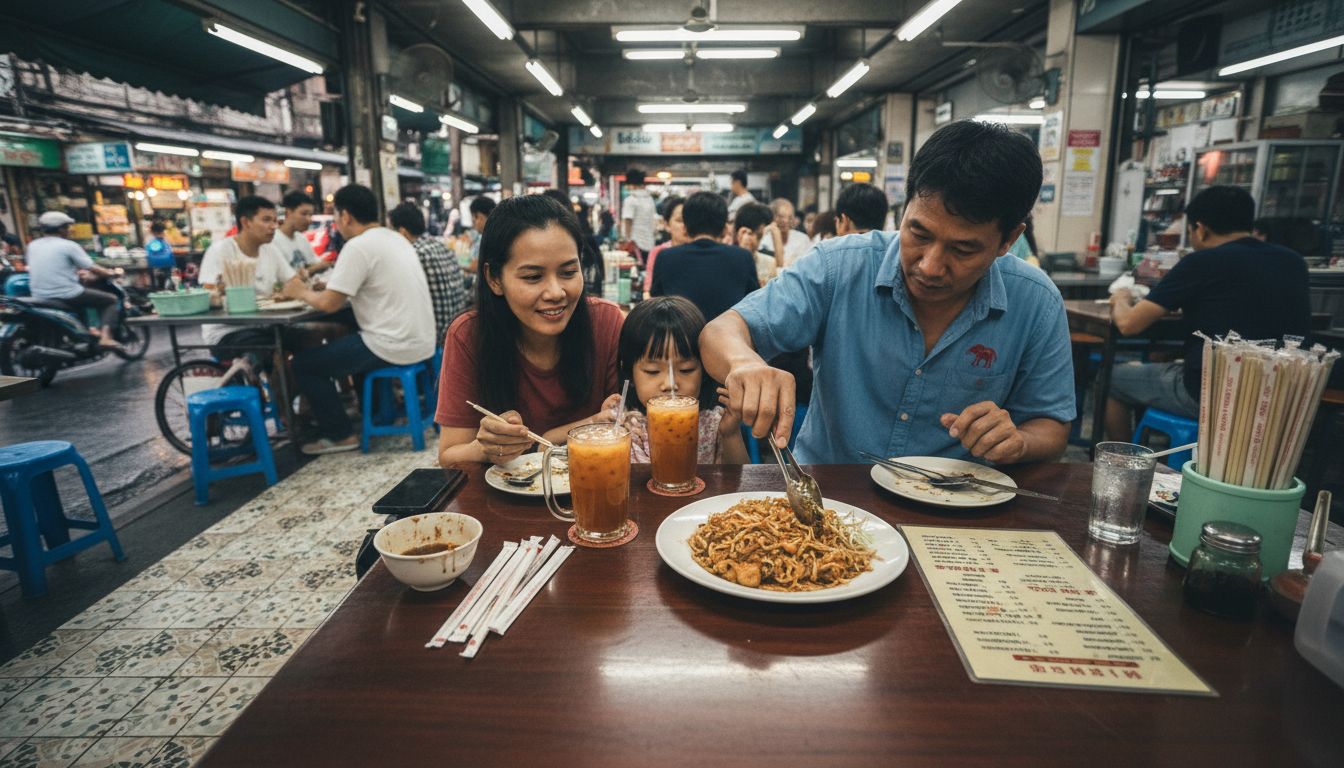 Family at authentic Thai restaurant table
