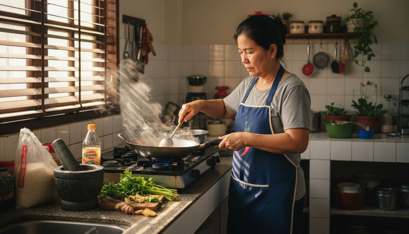 Thai woman preparing lunch in home kitchen