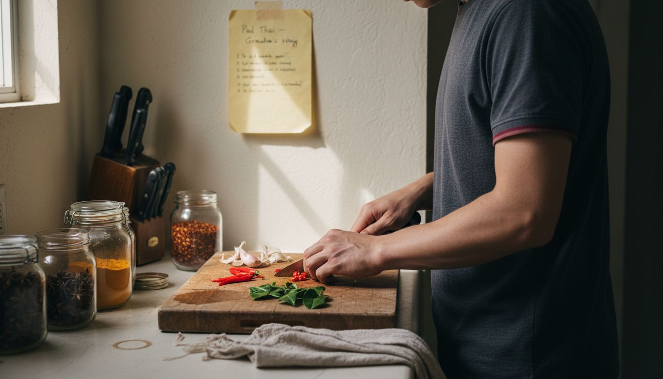 Cook preparing Thai chilies and herbs
