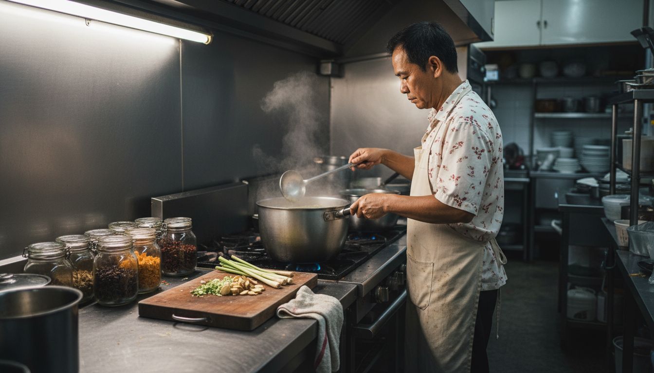 Chef ladling Thai soup base in kitchen