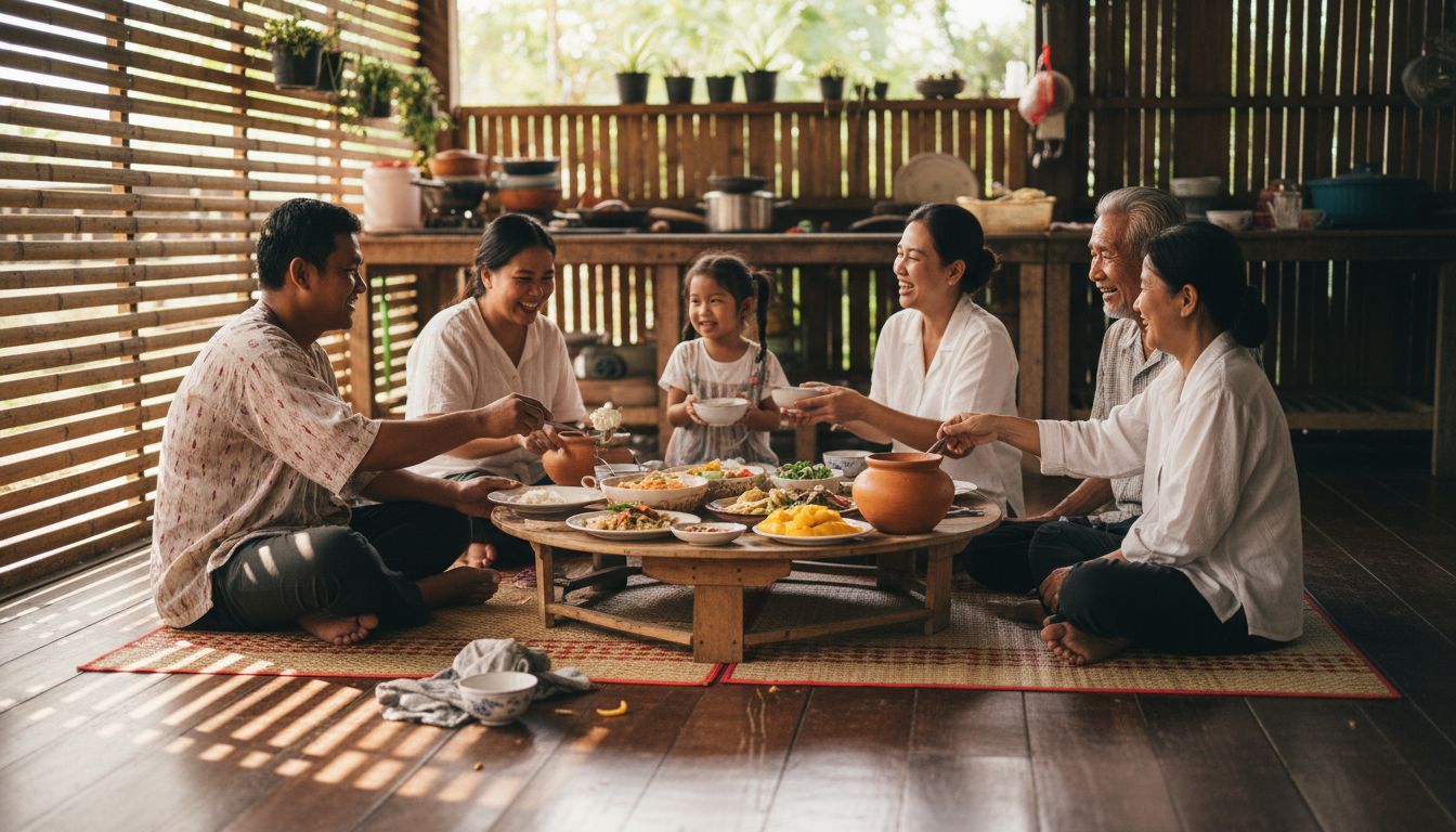 Thai family sharing traditional meal together