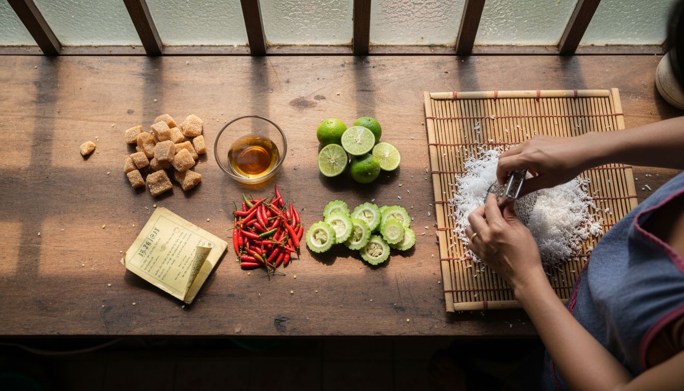 Key Thai flavor ingredients on wooden counter